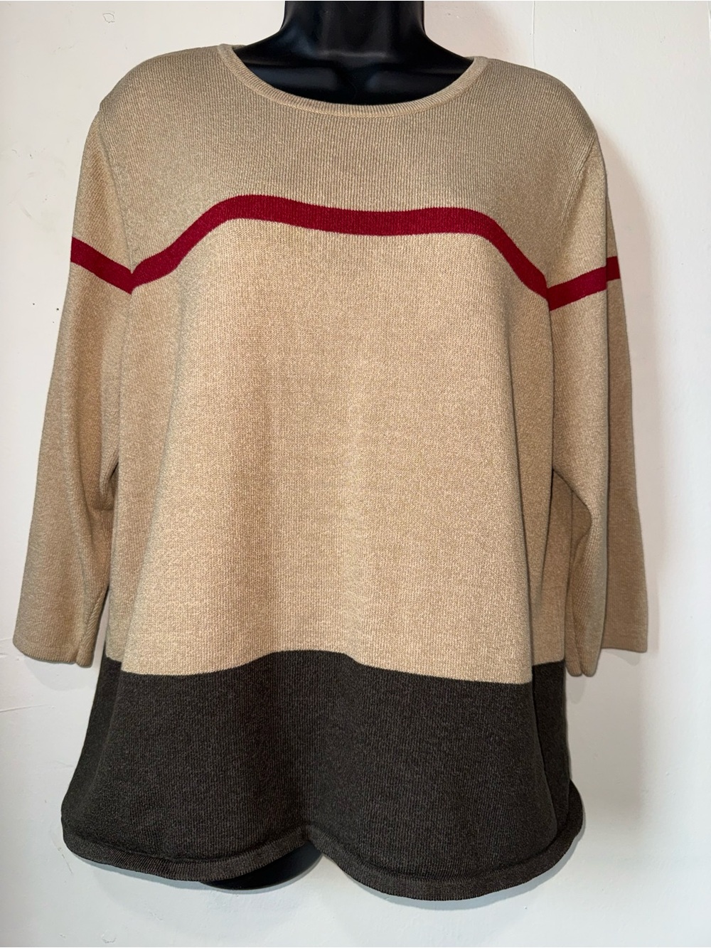 Neutral Colorblock Crewneck Sweater with Red Stripe